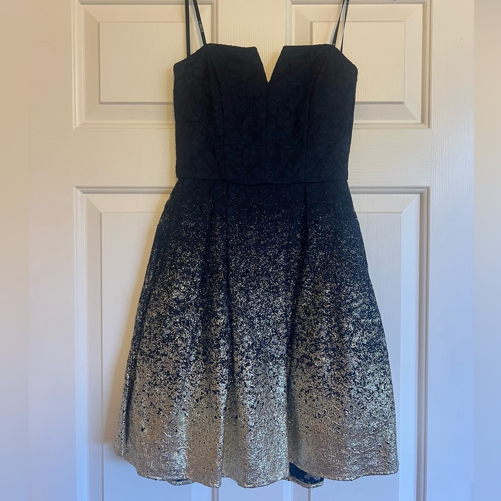 B Darlin Strapless Navy Blue to Gold Ombre Glitter Dress